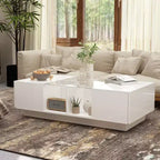 Table basse à LED blanc laqué avec rangements multi-zones, tiroir et compartiments ouverts