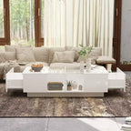 Table basse à LED blanc laqué avec rangements multi-zones, tiroir et compartiments ouverts