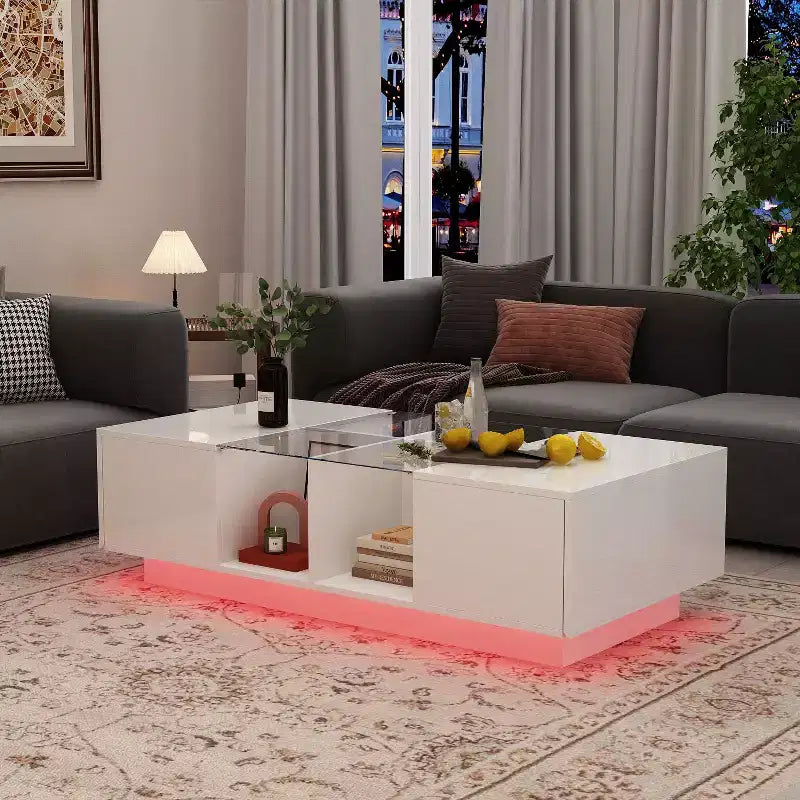 Table basse à LED blanc laqué avec rangements multi-zones, tiroir et compartiments ouverts