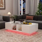 Table basse à LED blanc laqué avec rangements multi-zones, tiroir et compartiments ouverts