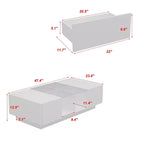 Table basse à LED blanc laqué avec rangements multi-zones, tiroir et compartiments ouverts