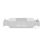 Table basse à LED blanc laqué avec rangements multi-zones, tiroir et compartiments ouverts