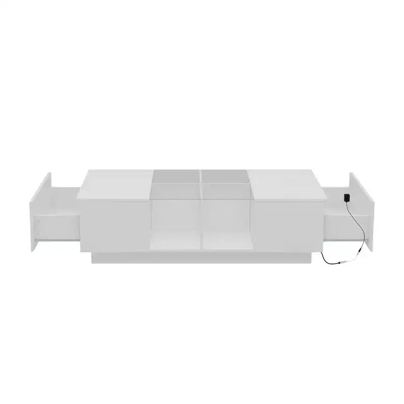 Table basse à LED blanc laqué avec rangements multi-zones, tiroir et compartiments ouverts