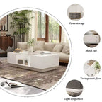 Table basse à LED blanc laqué avec rangements multi-zones, tiroir et compartiments ouverts