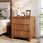 Lantine Nightstand with 3 Drawers, Farmhouse Bedside Table with Elegant Patterns, Industrial Night Stand End Table for Bedroom, Brown