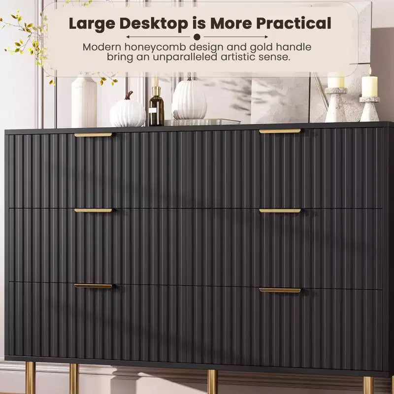 Commode à huit tiroirs, tiroirs profonds et plateau large de style moderne avec cannelures pour chambre à coucher, grand meuble de rangement double pour téléviseur.