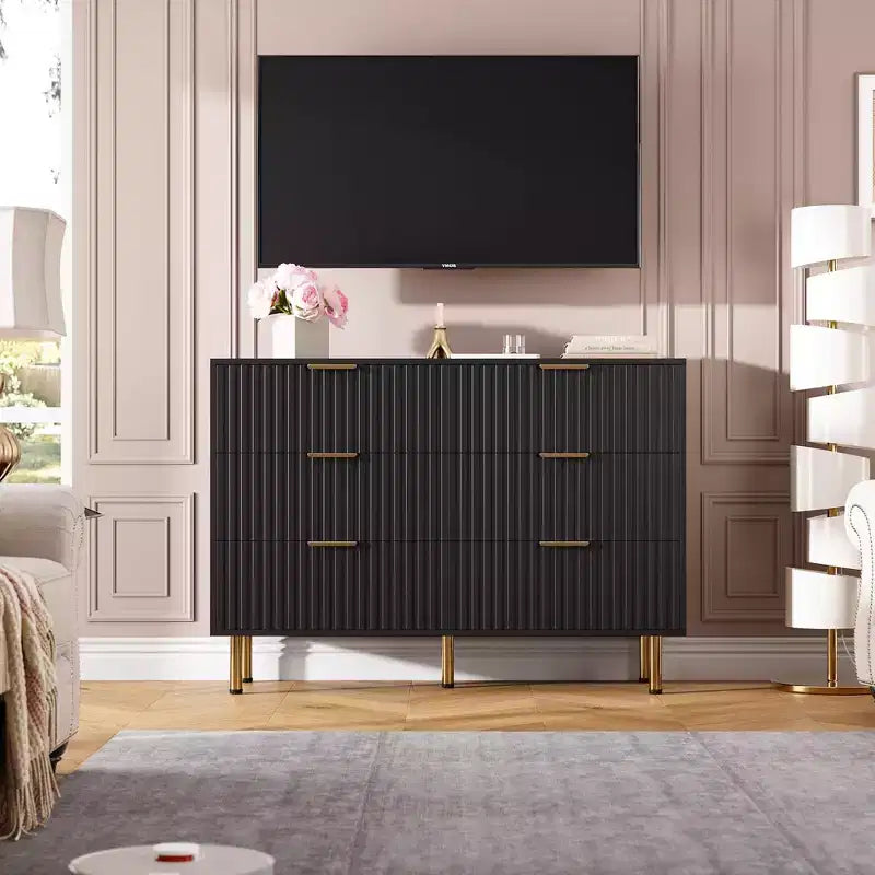 Commode à huit tiroirs, tiroirs profonds et plateau large de style moderne avec cannelures pour chambre à coucher, grand meuble de rangement double pour téléviseur.