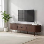 Homy Casa 70 Mid-Century Modern TV Stand with Tambour Doors, Drawers and Built-In Power Outlet for 80 TV, Walnut