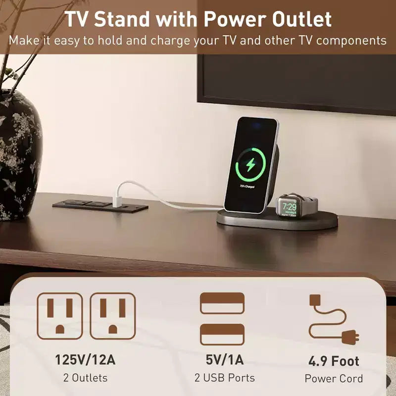 Meuble TV Mid-Century Modern de 177,8 cm avec portes coulissantes, tiroirs et prise de courant intégrée pour téléviseur de 203,2 cm, noyer