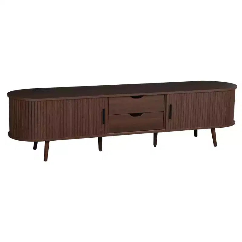 Meuble TV Mid-Century Modern de 177,8 cm avec portes coulissantes, tiroirs et prise de courant intégrée pour téléviseur de 203,2 cm, noyer