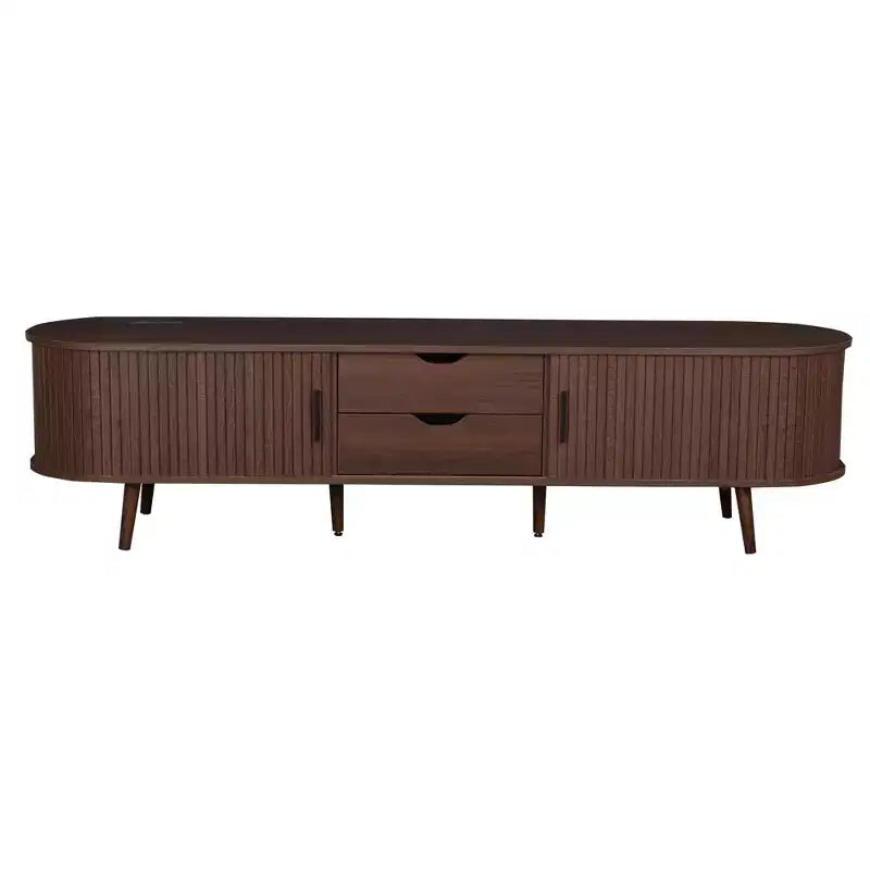 Meuble TV Mid-Century Modern de 177,8 cm avec portes coulissantes, tiroirs et prise de courant intégrée pour téléviseur de 203,2 cm, noyer