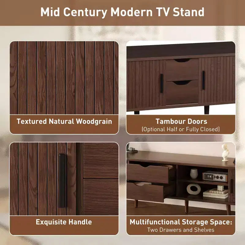 Meuble TV Mid-Century Modern de 177,8 cm avec portes coulissantes, tiroirs et prise de courant intégrée pour téléviseur de 203,2 cm, noyer