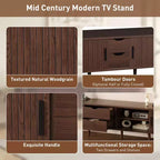 Meuble TV Mid-Century Modern de 177,8 cm avec portes coulissantes, tiroirs et prise de courant intégrée pour téléviseur de 203,2 cm, noyer