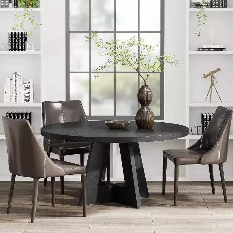 Table de salle à manger ronde de 47 pouces, table de cuisine en bois de style rustique avec piètement en croix pour salle à manger, 4 à 6 places, plateau en bois