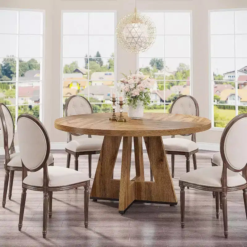 Table de salle à manger ronde de 47 pouces, table de cuisine en bois de style rustique avec piètement en croix pour salle à manger, 4 à 6 places, plateau en bois