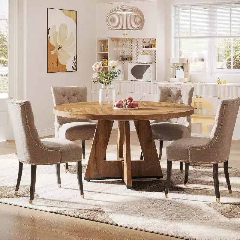 Table de salle à manger ronde de 47 pouces, table de cuisine en bois de style rustique avec piètement en croix pour salle à manger, 4 à 6 places, plateau en bois