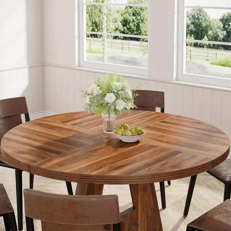 Table de salle à manger ronde de 47 pouces, table de cuisine en bois de style rustique avec piètement en croix pour salle à manger, 4 à 6 places, plateau en bois