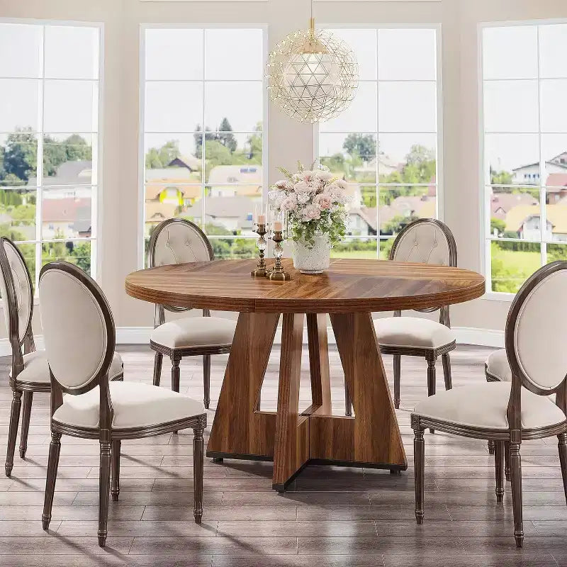 Table de salle à manger ronde de 47 pouces, table de cuisine en bois de style rustique avec piètement en croix pour salle à manger, 4 à 6 places, plateau en bois