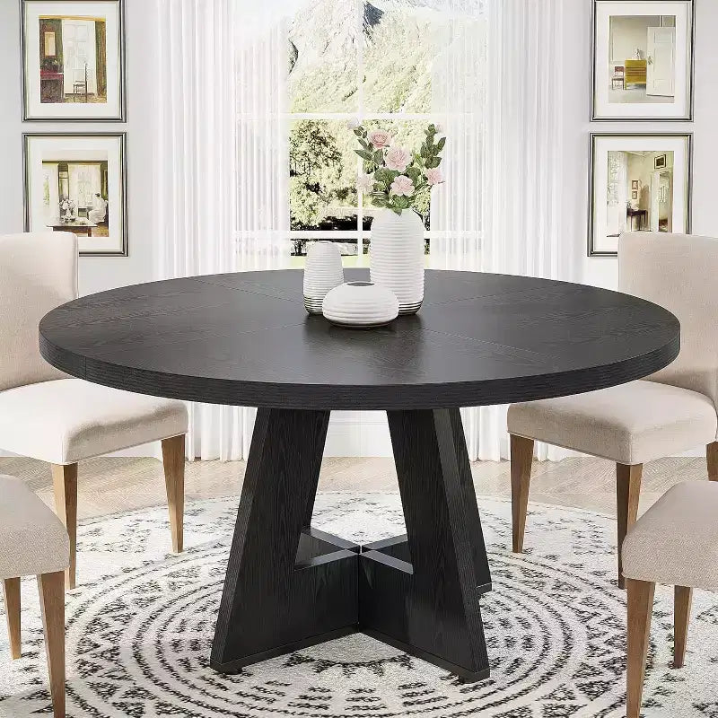 Table de salle à manger ronde de 47 pouces, table de cuisine en bois de style rustique avec piètement en croix pour salle à manger, 4 à 6 places, plateau en bois