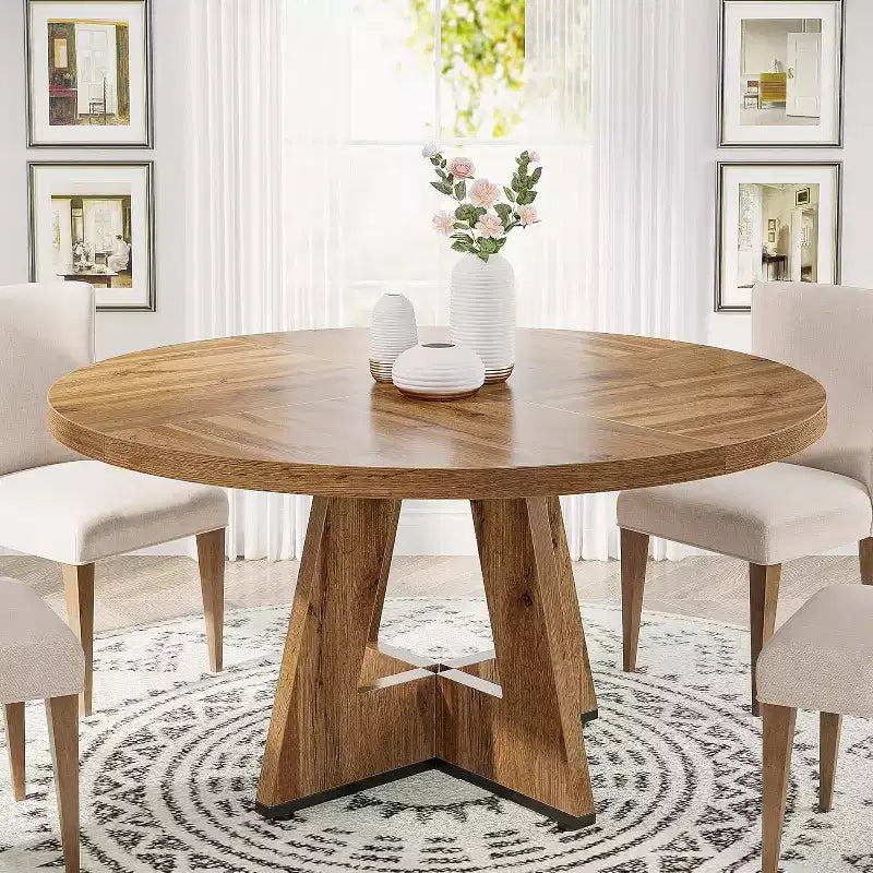 Table de salle à manger ronde de 47 pouces, table de cuisine en bois de style rustique avec piètement en croix pour salle à manger, 4 à 6 places, plateau en bois