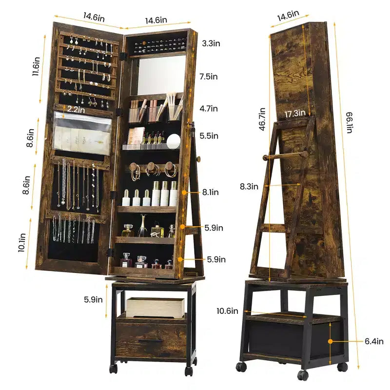 Armoire à bijoux rotative à 360° avec miroir pleine longueur, meuble de rangement verrouillable sur roulettes, présentoir à colliers et bracelets, autoportante