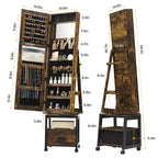 Armoire à bijoux rotative à 360° avec miroir pleine longueur, meuble de rangement verrouillable sur roulettes, présentoir à colliers et bracelets, autoportante