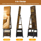 Armoire à bijoux rotative à 360° avec miroir pleine longueur, meuble de rangement verrouillable sur roulettes, présentoir à colliers et bracelets, autoportante
