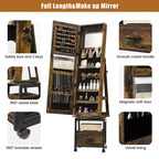 Armoire à bijoux rotative à 360° avec miroir pleine longueur, meuble de rangement verrouillable sur roulettes, présentoir à colliers et bracelets, autoportante