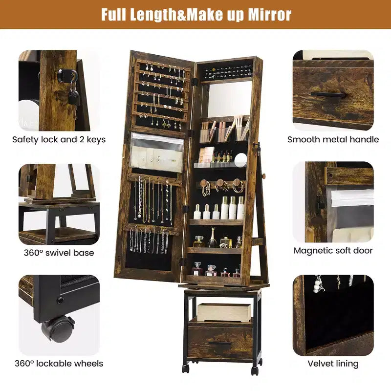Armoire à bijoux rotative à 360° avec miroir pleine longueur, meuble de rangement verrouillable sur roulettes, présentoir à colliers et bracelets, autoportante
