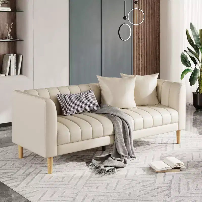 Canapés en Faux Cuir 78 W avec 2 Coussins, Style Mid-Century Moderne, Canapé 3 Places et Pieds en Bois Massif, Facile à Monter, pour Salon et Chambre