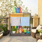 Porte-serviettes extérieur pour piscine, porte-serviettes autoportant en rotin tressé, organiseur de rangement avec compartiment pour flotteurs, frites de piscine, bouées de natation
