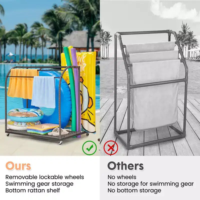Porte-serviettes extérieur pour piscine, porte-serviettes autoportant en rotin tressé, organiseur de rangement avec compartiment pour flotteurs, frites de piscine, bouées de natation