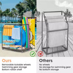 Porte-serviettes extérieur pour piscine, porte-serviettes autoportant en rotin tressé, organiseur de rangement avec compartiment pour flotteurs, frites de piscine, bouées de natation