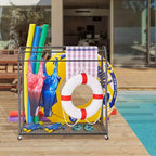 Porte-serviettes extérieur pour piscine, porte-serviettes autoportant en rotin tressé, organiseur de rangement avec compartiment pour flotteurs, frites de piscine, bouées de natation