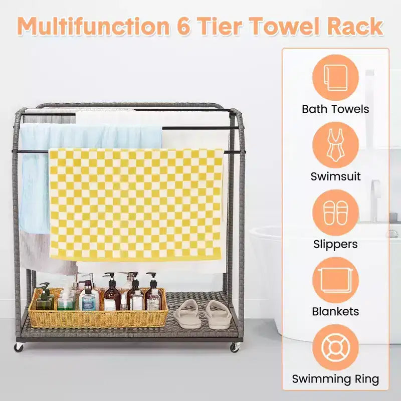 Porte-serviettes extérieur pour piscine, porte-serviettes autoportant en rotin tressé, organiseur de rangement avec compartiment pour flotteurs, frites de piscine, bouées de natation