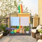 Porte-serviettes extérieur pour piscine, porte-serviettes autoportant en rotin tressé, organiseur de rangement avec compartiment pour flotteurs, frites de piscine, bouées de natation
