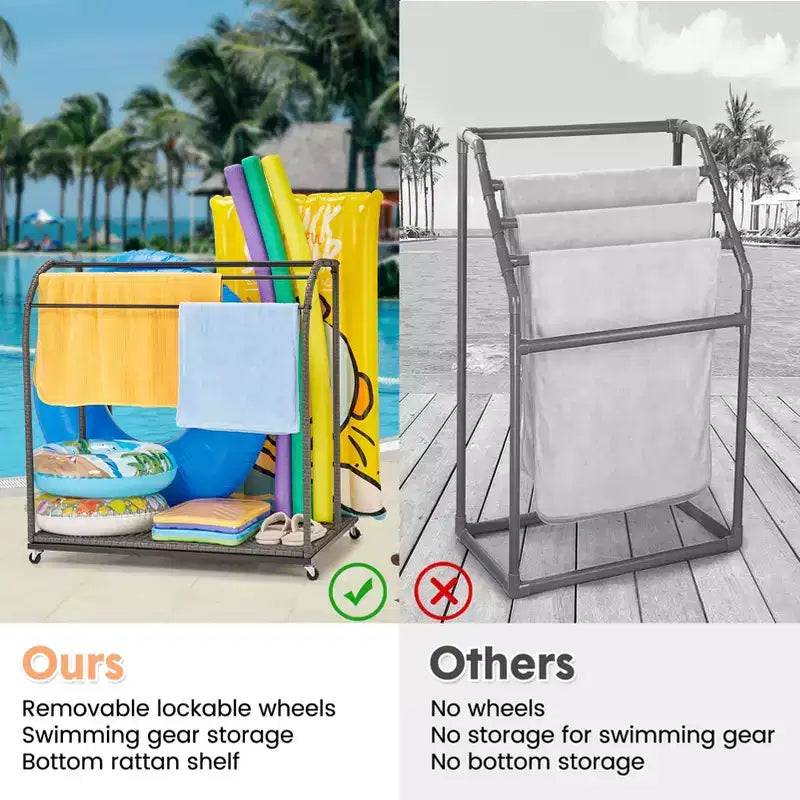 Porte-serviettes extérieur pour piscine, porte-serviettes autoportant en rotin tressé, organiseur de rangement avec compartiment pour flotteurs, frites de piscine, bouées de natation