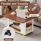 Table basse moderne 70 cm, table d'appoint multifonctionnelle avec plateau pliable, roulettes, tiroir, étagère ouverte, compartiment de rangement caché