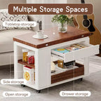 Table basse moderne 70 cm, table d'appoint multifonctionnelle avec plateau pliable, roulettes, tiroir, étagère ouverte, compartiment de rangement caché