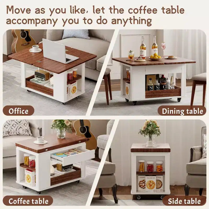 Table basse moderne 70 cm, table d'appoint multifonctionnelle avec plateau pliable, roulettes, tiroir, étagère ouverte, compartiment de rangement caché