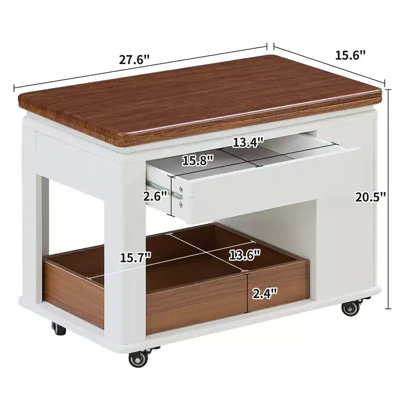 Table basse moderne 70 cm, table d'appoint multifonctionnelle avec plateau pliable, roulettes, tiroir, étagère ouverte, compartiment de rangement caché