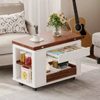 Table basse moderne 70 cm, table d'appoint multifonctionnelle avec plateau pliable, roulettes, tiroir, étagère ouverte, compartiment de rangement caché