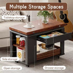 Table basse moderne 70 cm, table d'appoint multifonctionnelle avec plateau pliable, roulettes, tiroir, étagère ouverte, compartiment de rangement caché