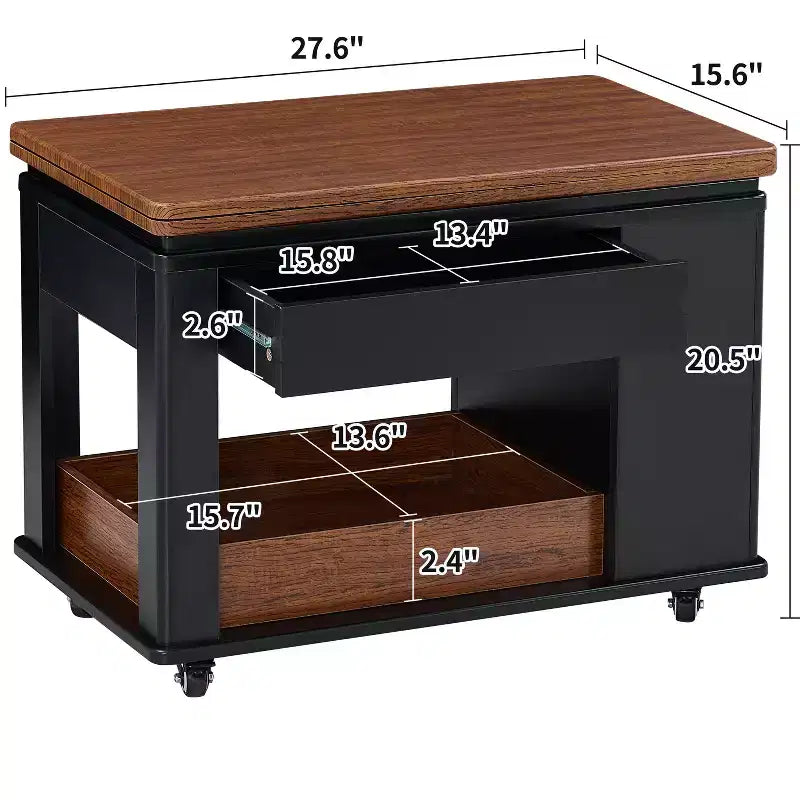 Table basse moderne 70 cm, table d'appoint multifonctionnelle avec plateau pliable, roulettes, tiroir, étagère ouverte, compartiment de rangement caché