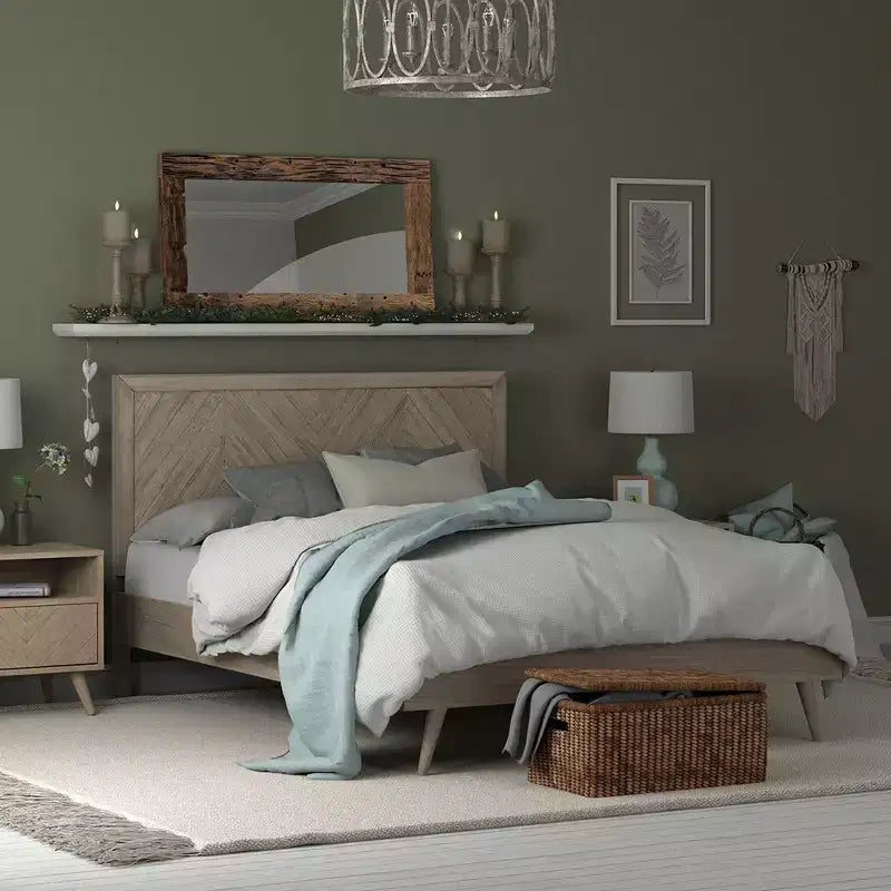 Cadre de lit plateforme en bois avec tête de lit à chevrons